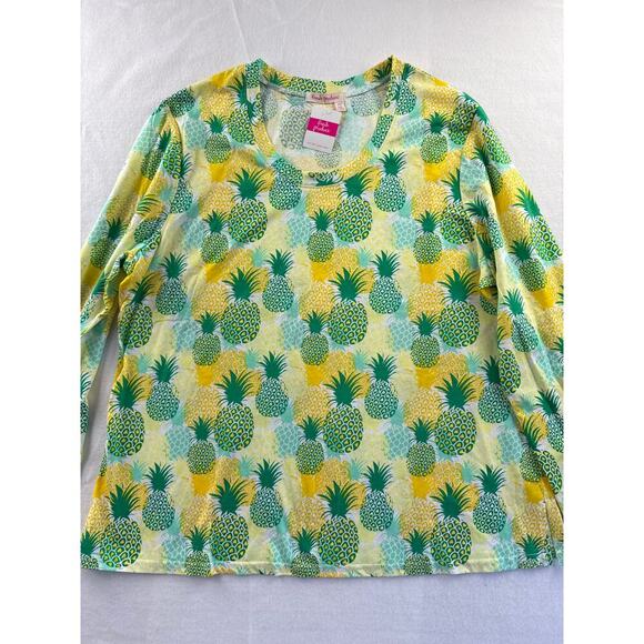 Women’s Fresh Produce Green & Yellow Pineapple Print Long Sleeve Shirt Sz 2X - Picture 1 of 4